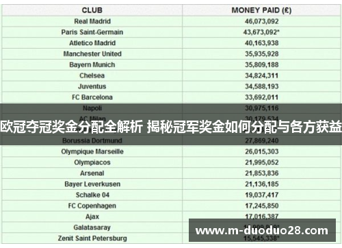 欧冠夺冠奖金分配全解析 揭秘冠军奖金如何分配与各方获益